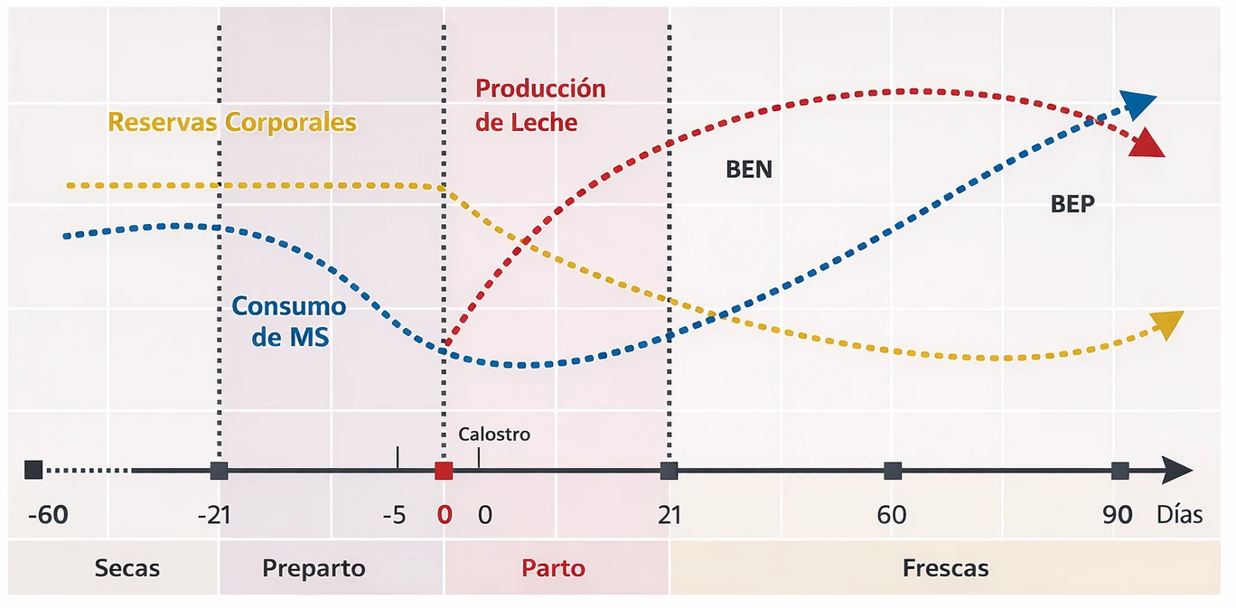 Gráfico de balance energético: evolución de reservas corporales, consumo de MS y producción de leche durante el período de secas, preparto, parto y frescas