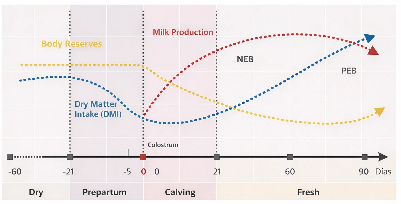 Energy balance chart: evolution of body reserves, DM intake and milk production during dry period, pre-calving, calving and fresh period